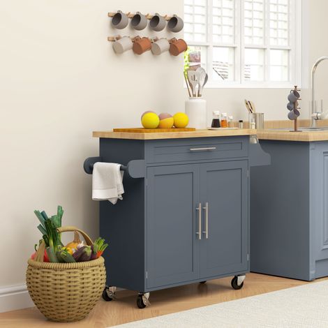 Mehrzweck-Küchenwagen mit Schublade, Rollen, Gewürzregal und Schrank, Küchenschrank mit verstellbarem Einlegeboden, Handtuchhalter und Arbeitsplatte aus Gummibaumholz, 109 x 40 x 89 cm, Grau