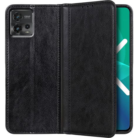 Funda para Motorola Moto G72 4G, tipo cartera de piel color lichi, color negro. (1/5)