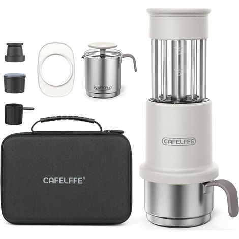 Cafetière portable manuelle avec mousseur à lait, tasse et sac de transport, machine à expresso à pression manuelle compatible avec les capsules NES Original et le café moulu, idéale pour les voyages, (1/5)