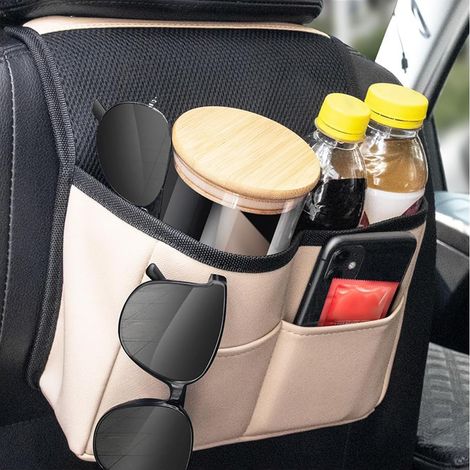 Sac de Rangement pour Siège de Voiture en Cuir PU, Mini Organisateur de Siège Arrière de Voiture, Sac Intérieur de Voiture Polyvalent, Ranger Articles Accessoires de Voyage de Voiture(Beige) (1/5)