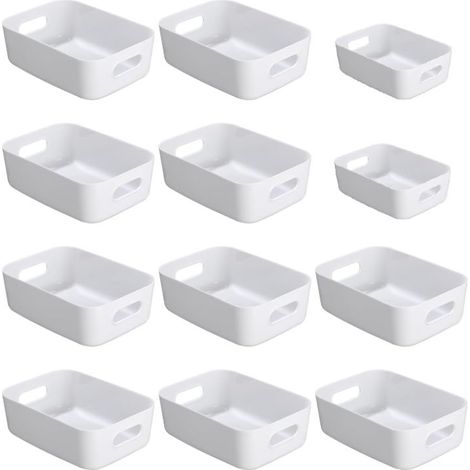 Panier de rangement en plastique,Lot de 12 paniers de rangement empilables avec poignées pour Cuisine,Placard,Bureau (Blanc) (1/3)