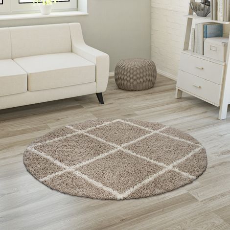 Paco Home Hochflor Teppich Weicher Wohnzimmer Shaggy Skandinavischer Stil Rautenmuster Ø 120 cm Rund, Beige