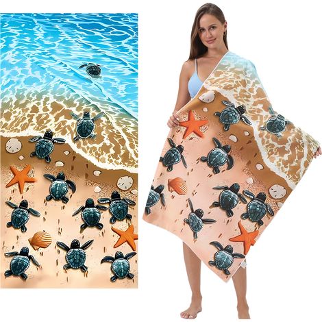Serviette de plage absorbante en microfibre imprimée 3D avec motif tortue, en promotion (1/4)