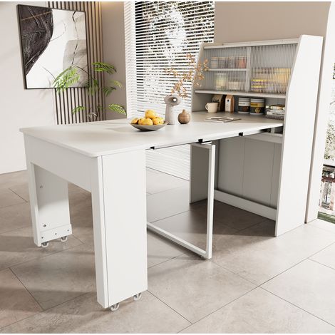 Ausziehbarer Esstisch 52-132.5x80x76 cm Weiß aus Spanplatte mit Stauraum und Glasvitrine (1/5)