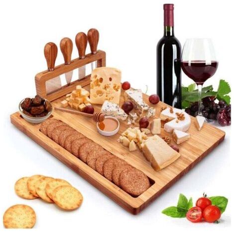 1 planche à fromage, plateau de service avec 4 couteaux en acier inoxydable, planche à charcuterie en bois massif (14''x11'') (1/4)