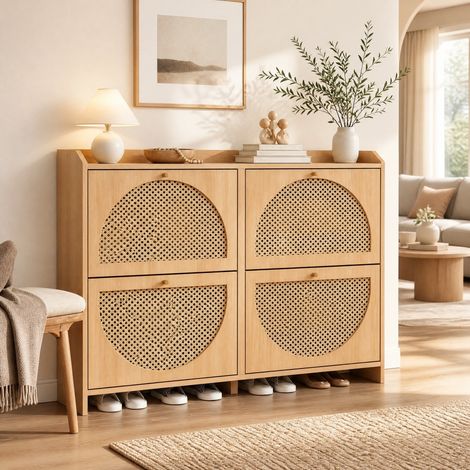 Schuhschrank 120 x 24 x 90 cm, 4 Klappen, 2 Haken, MDF, Natur HAVRYA (1/5)