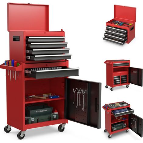 Caja de herramientas de 4 cajones 59 x 28 x 102 cm con ruedas bloqueables diseño práctico en metal negro y rojo 200013576