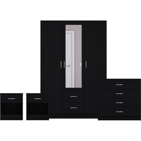 Riano 4 Piece Bedroom Set (1 Drw Bedside Chest, 4 Drw Chest, 3 Dr 2 Drw Mirrored Wardrobe), Black (1/3)