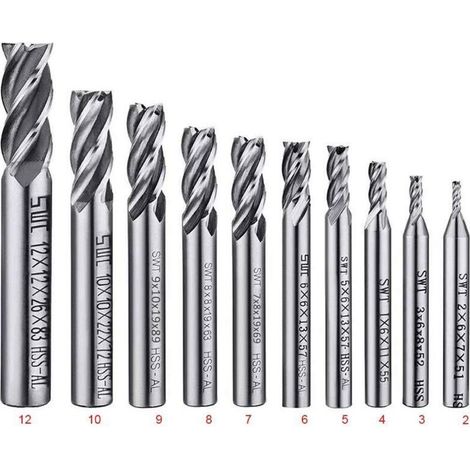 Lot de 10 forets à 4 cannelures - de 2 à 12 mm Fraise en Bout- Ensemble de forets à tige droite HSS CNC pour perceuse - Ensemble d'outils pour bois, aluminium, acier et titane (1/3)