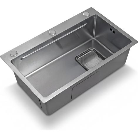 Évier encastrable en acier inoxydable 75x45 cm avec planche à découper et bac intérieur, 3 trous pour robinetterie, surface PVD