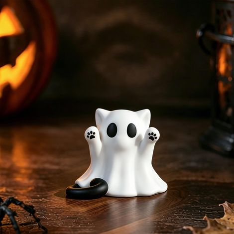Figurine Chat Fantôme Halloween, Statue en Résine Décorative, Petite Sculpture de Chat Fantôme Mignon, Décoration de Table, Maison et Fête (1/5)
