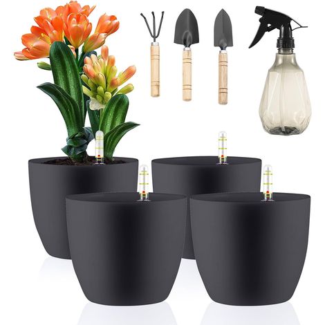 Lot de 4 Pots de Fleurs avec Indicateur d'eau en Plastique 15,5 x 13 cm Auto-Arrosage Réservoir d'eau avec Système d'irrigation pour Plantes Miniatures (Gris) (1/5)