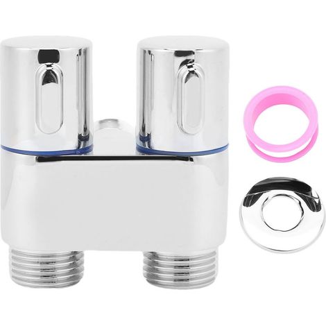 Vanne d'angle à 1 entrée et 2 sorties avec filetage mâle G1/2, vanne d'angle métallique à double commande pour salle de bain, toilettes, bidet et balcon, galvanisée. (1/5)