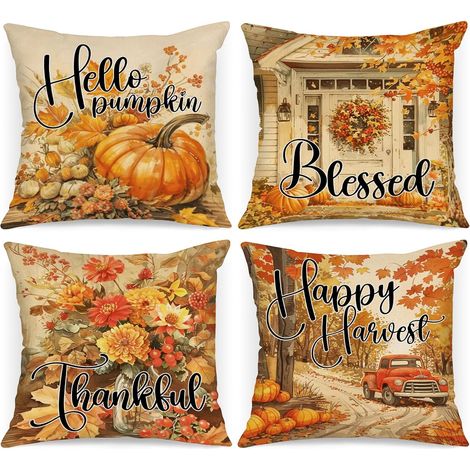 45x45 cm Lot de 4 pièces Housses de Coussin Déco Automne, Aquarelle Voiture de Chasse Citrouille Feuille d'érable Taies d'oreiller pour Halloween (1/4)