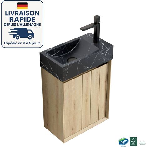 Mueble bajo lavabo de un seno - 40 cm - Montaje a pared - Lavabo bajo encimera de mármol negro con efecto piedra - Premontado - Color madera roble blanco (1/5)