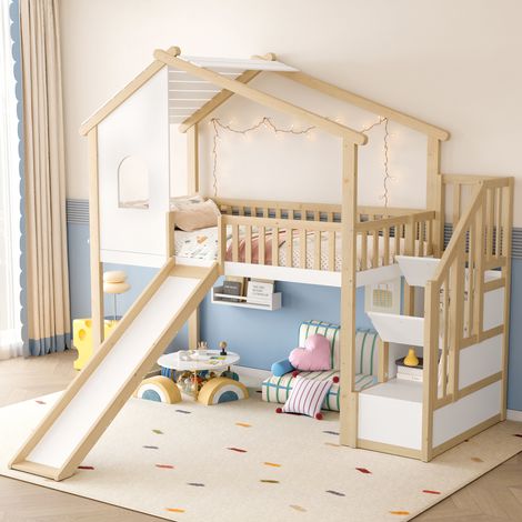 Cama alta de pino natural y blanco 90x200 cm con tobogán, escalera con almacenaje y barandillas (1/5)