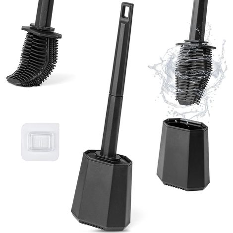 Brosse WC plate en silicone, support ventilé à séchage rapide, support mural et sur pied pour salle de bain, noir