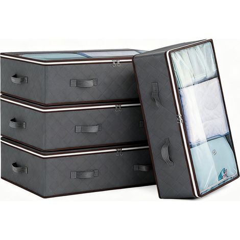 Lot de 4 boîtes de rangement sous le lit 90 L avec couvercle - Boîte de rangement pliable sous le lit - Pour vêtements, couettes et literie - Gris - 100 x 50 x 18 cm (1/5)