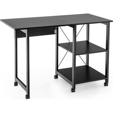 Bureau pliant noir avec 2 étagères et 6 roulettes, table informatique pour télétravail et étude (1/5)