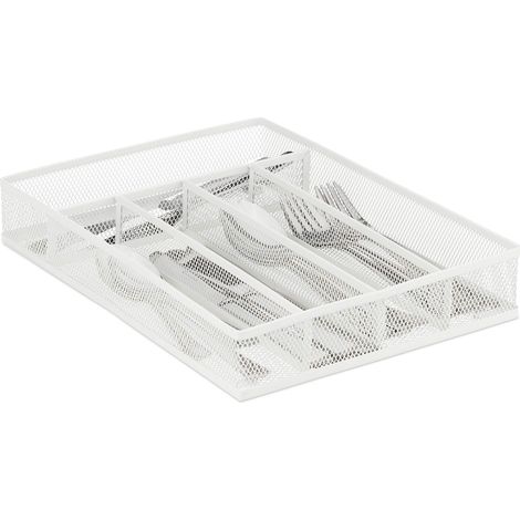 relaxdays Portaposate da Cassetto, Metallo, Organizer per la Cucina, 5 Scomparto, Divisori, HxLxP 5,5x23,5x32 cm, Bianco (1/5)