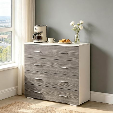 Commode 76x35x72 cm en panneaux de bois blanc et gris, avec rangement pour salon FloraGrace (1/5)