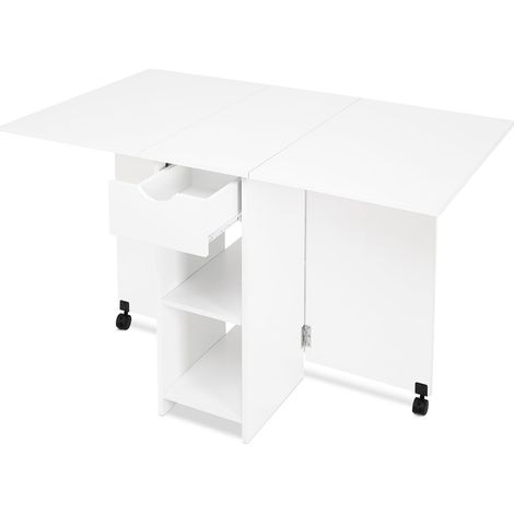 Table à Manger, Table de Cuisine Pliante pour 4 à 6 Personnes, Table Pliante avec tiroir et 2 étagères Ouvertes pour Petits espaces, Salle à Manger, Cuisine, 120 x 72 x 75 cm, Blanche (1/5)