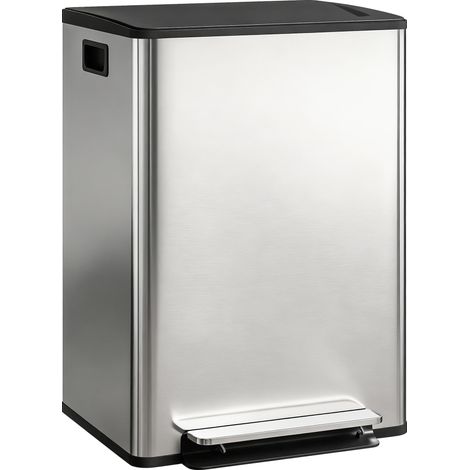 Poubelle à double compartiment 2 x 30L, poubelle cuisine à pédale, couvercle à fermeture douce, 47,5x37,5x67cm, argent