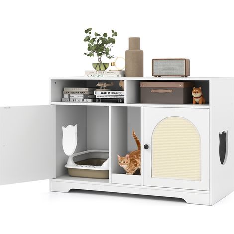 Intimité et rangement, meuble cache-litière pour chat avec double compartiment, griffoir et étagères (1/5)