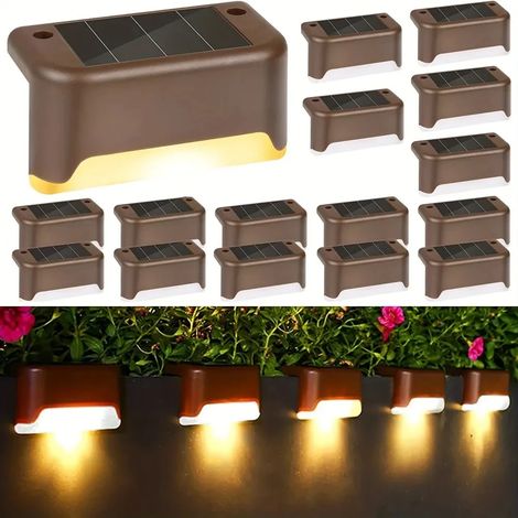 (16 pièces - Marron) Lot de 4 lampes solaires LED étanches pour escalier, passage, cour, garde-corps, marches, veilleuse, compatibles avec bordures de jardin et terrasses extérieures. (1/5)