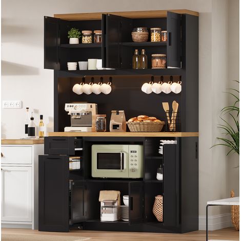 Armadio da cucina 120x40x182 cm in MDF nero e legno con LED e prese - MEUBLIV (1/5)