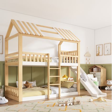 Letto a castello bambini 90x200 cm con ripiano, tetto a due falde, mensole e scivolo da 35 cm, in legno bianco e naturale, materasso non incluso (1/5)