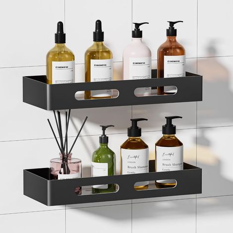 Bathroom shelf without drilling, 2-piece shower soap dish, bathroom storage with adhesive surface (black) (1/5)