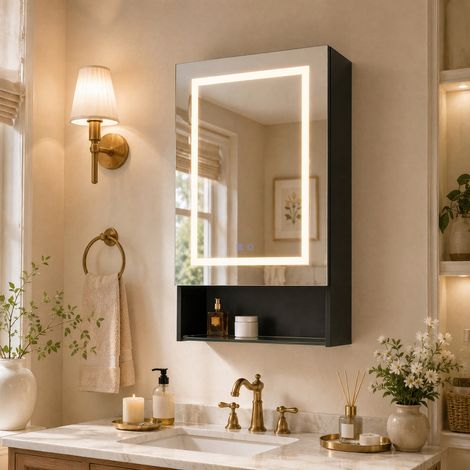 Comanlai - Armoire de Salle de Bain avec Miroir et Éclairage LED - Meuble Mural de Rangement pour Salle de Bain, avec Porte - Étagère Ajustable - Noir - 50x88x15 cm (1/5)