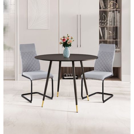 Hallowood Furniture Finley Small Round Dining Table and Chairs Set of 2, Black Round Dining Table and Two High Back Light Grey Chairs, Modern Kitchen Set Perfect for Home, Office and Café (1/5)