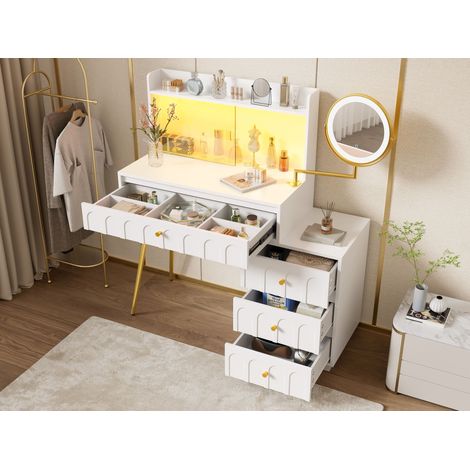 Toeletta con specchio a LED girevole a 360°, ante scorrevoli in vetro, 4 cassetti, 112x34,5x116 cm, bianca