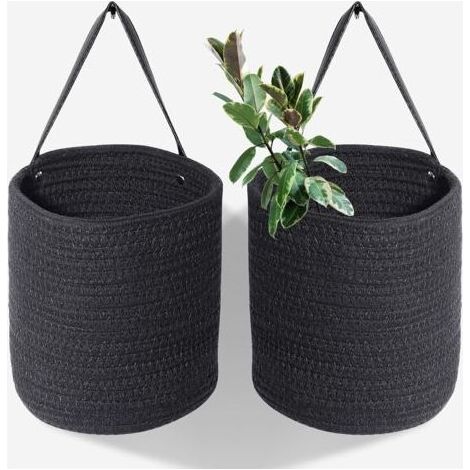 2er-Set schwarze Hanfseil-Hängekörbe – 10,6 x 5,5 cm, gewebte Wandhängekörbe mit Ledergriffen, Wandmontage, Aufbewahrungskörbe, Korborganizer (1/5)