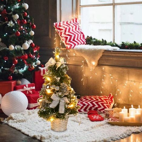 YMYNY Künstlicher Weihnachtsbaum mit weißem Schnee, 40 cm kleiner Tischweihnachtsbaum, LED-Lichterkette mit Schleife und Tannenzapfen für weihnachtliche Tischdekorationen (Silber)