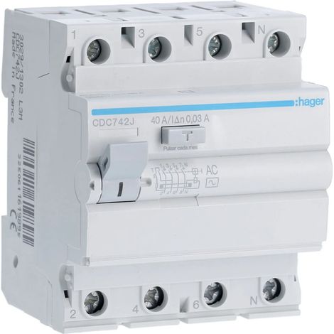 Interruttore differenziale 4 moduli (40A 30mA 230/400V) da guida DIN IP20 8,3x7x7cm