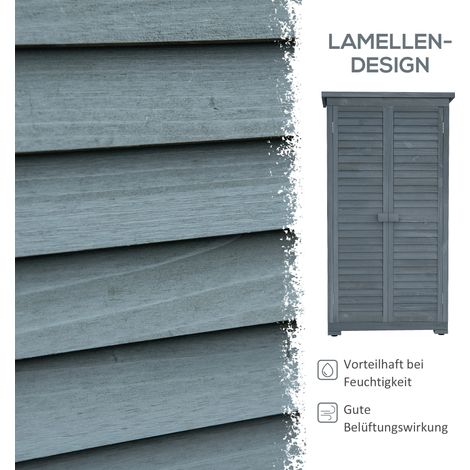 Abri de jardin Outsunny en bois gris, imperméable, 87x46.5x160 cm, avec porte, toit incliné, étagères, rangement d’outils, parfait pour extérieur ou balcon.