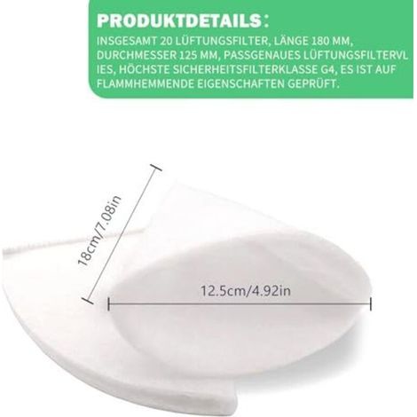 20 pièces filtre conique DN 125, système de ventilation filtrant G4, filtre conique, longueur 180 mm tapis filtrants pour systèmes de ventilation, convient à tous les types de système (1/4)