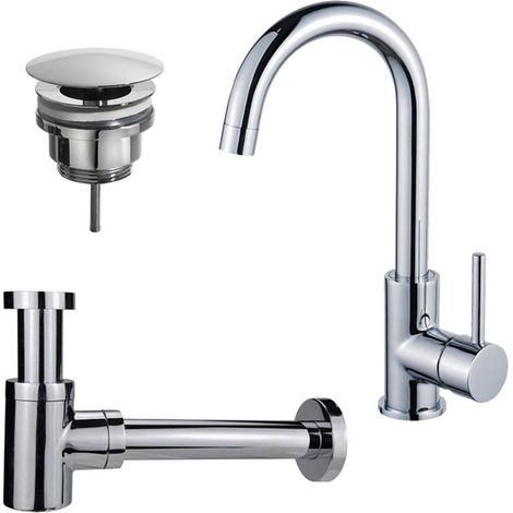 Fortifura Calvi Kit robinet lavabo - robinet haut - bec rotatif - bonde non-obturable - siphon design bas - Chrome brillant