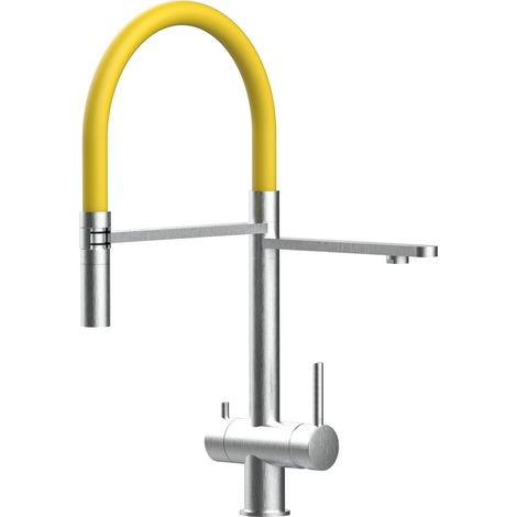 Robinet de Cuisine Mitigeur 3 voies en ACIER INOXYDABLE CHIRURGICAL 316 brosse mat bec jaune orientable et douchette 2 jets detachable VIZIO (1/5)