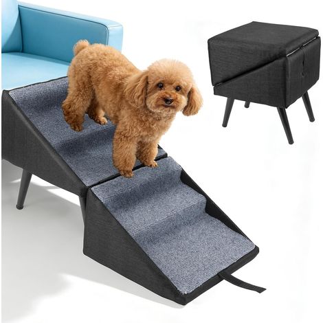 Klappbare Haustiertreppe für kleine Hunde und Katzen, rutschfester Tritthocker  Bezug aus Baumwolle und Leinen, stabile Metallbeine, klappbare Treppe für Sofa und Bett, Holzrahmen, 74,5 × 27,5 × 34 cm (1/5)
