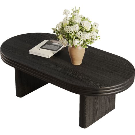 Ovaler Couchtisch mit geriffeltem Fuß, Holzfurnier auf MDF, Mid-Century-Modern Stil, Schwarz, 120×60×41,5 cm (1/5)
