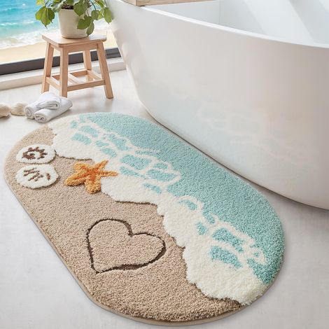 Tapis Salle de Bain Antidérapant 50 x 80 cm, Ovale Tapis Douch Absorbant et Lavable avec Motif Plage et étoile de mer, pour Baignoire, Chambre, Enfants, Beige et Bleu (1/5)