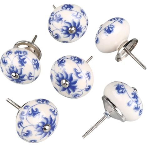 6 Stück Schubladenknöpfe Keramik Knöpfe Schublade Ziehgriff Schrank Tür klassiche Glückliche Blume(Blaues und weißes Porzellan) 40x29mm (1/4)