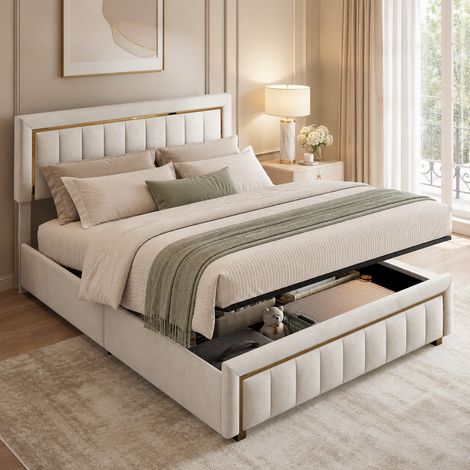 Lit 140x190 avec sommier coffre, lit double avec rangement et sommier à lattes, tête de lit rembourré, cadre de lit pour adultes, beige velours (1/5)