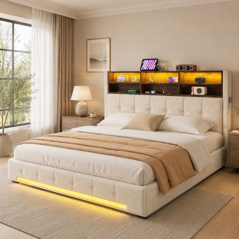 Cama canapé moderna 180x200 cm de terciopelo beige, estructura metálica, cabecero con 6 huecos, USB-C y LED (1/5)