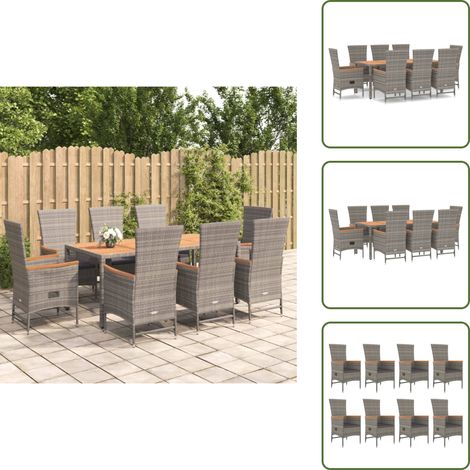 The Living Store 9-tlg. Garten-Essgruppe mit Kissen Grau Poly Rattan - Gartenessgruppe (1/5)