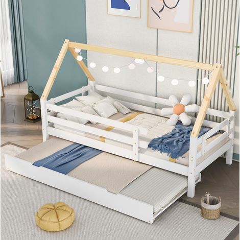 MEUBLIV Lit cabane enfant avec lit gigogne coulissant en pin boisblanc et naturel 90 x 200 cm